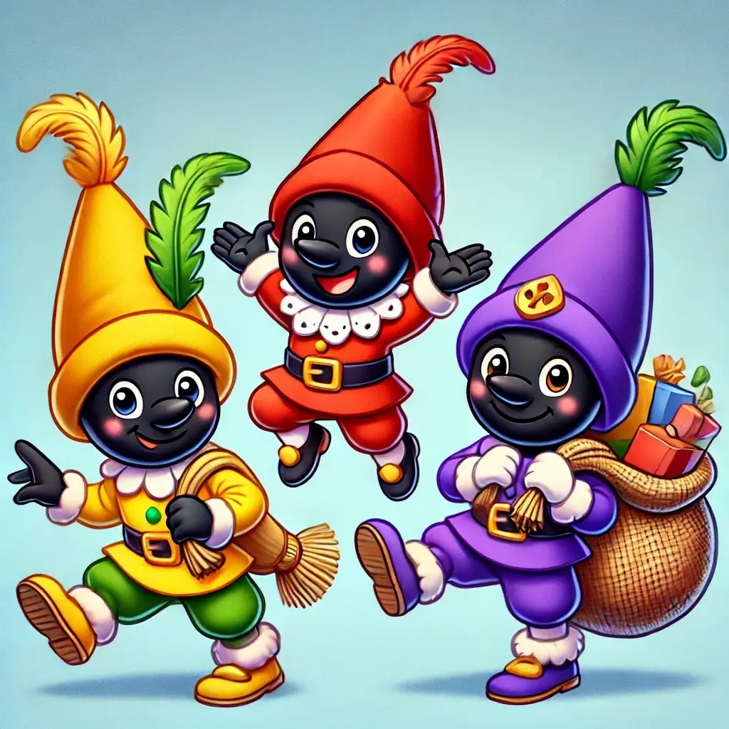 Vrolijke illustratie van drie Zwarte Pieten in kleurrijke kostuums met rode, gele en paarse hoeden, compleet met veren en cadeaus, symbool van het Sinterklaasfeest.